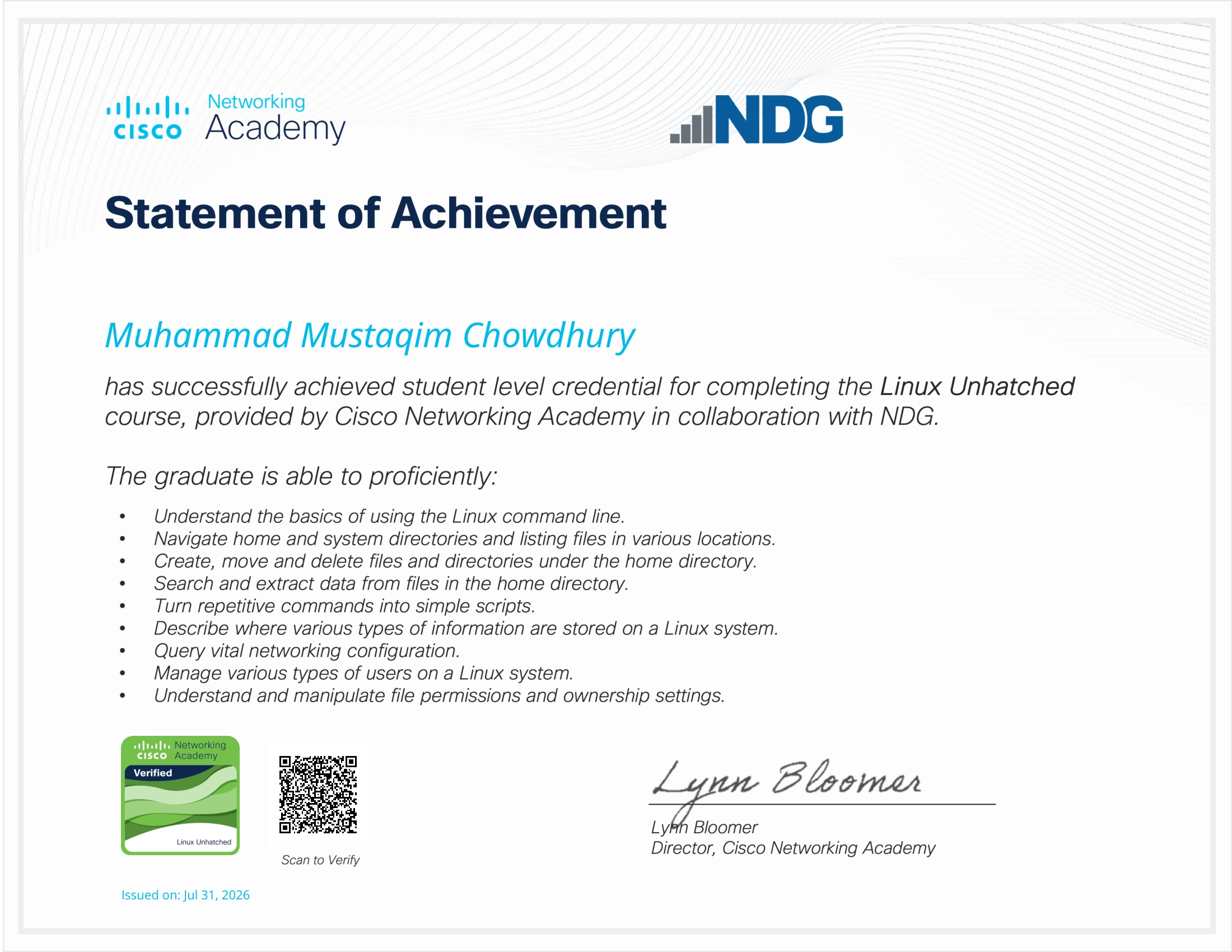 Linux Unhatched statement of achievement issued by Cisco Networking Academy and NDG to Muhammad Mustaqim Chowdhury